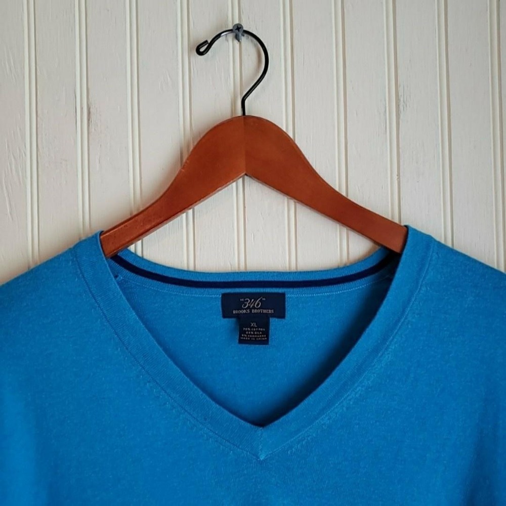 Brooks Brothers Sweater Mens XL Blue Cotton Silk Cashmere V Neck Knit Pullover
